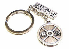 Load image into Gallery viewer, New Weightlifting Exercise 45 lbs. Body Building Key Chain &quot;Strong is Beautiful&quot;
