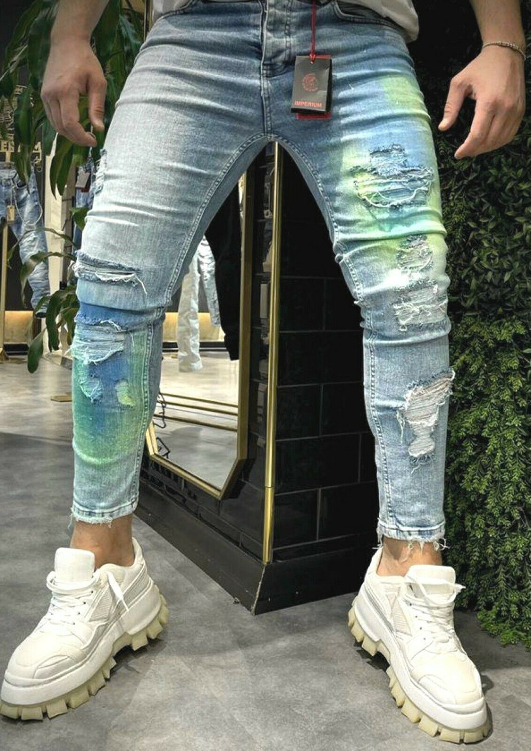 Mens slim fit stretch ripped jeans, biker denim distressed pants Imperium
