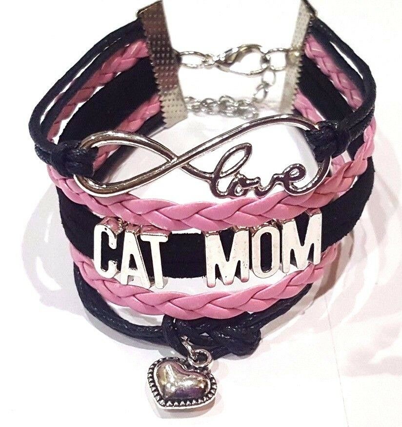 New Cat Mom Infinity Love Bracelet Pink & black w heart charm